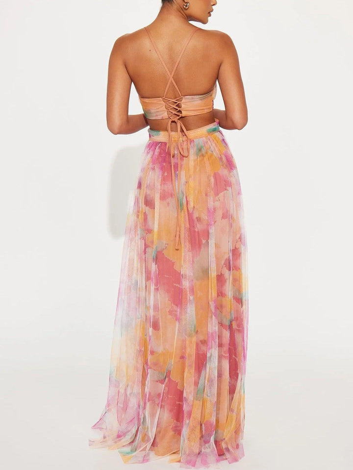 Effortless Watercolor Floral Maxi Dress for Women with V Neck Spaghetti Strap Crisscross Waist High Slit Flowing Style