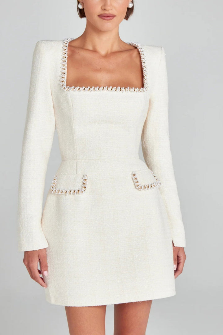 Elegant Tweed Mini Dress for Women with Mock Neck Short Sleeve Embellished Pocket Cocktail Style