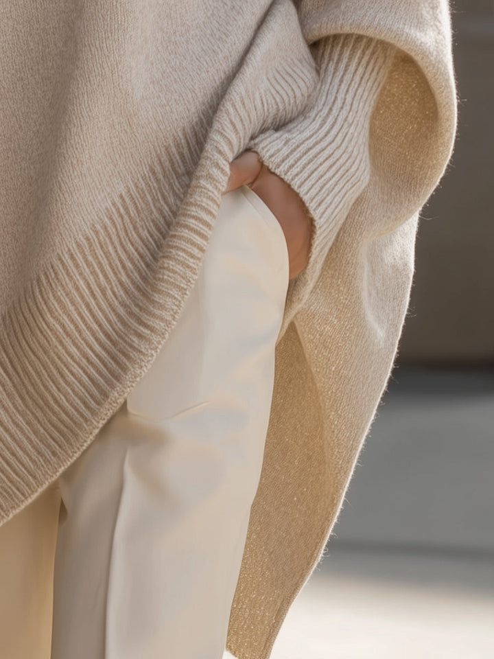 Comfortable Knit Poncho Sweater for Women with Crew Neck Batwing Sleeve Oversized Asymmetric Style