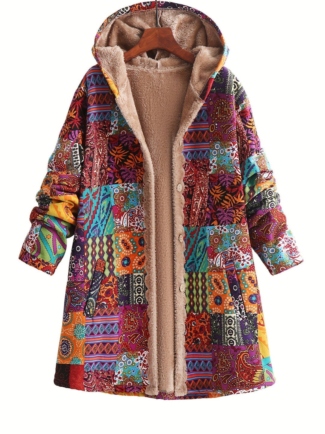 Effortless Patchwork Print Fleece Lined Coat for Women with Hooded Long Sleeve Button Front Oversized Bohemian Style