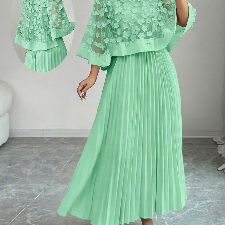 Elegant Floral Pleated Maxi Dress for Women with Round Neck Cape Sleeve Appliqué Flowing Formal Wedding Guest Style