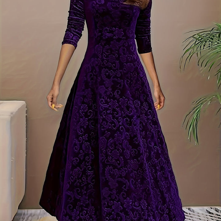 Elegant Velvet Floral Maxi Dress for Women with Square Neck Elbow Sleeve A Line Flowing Style