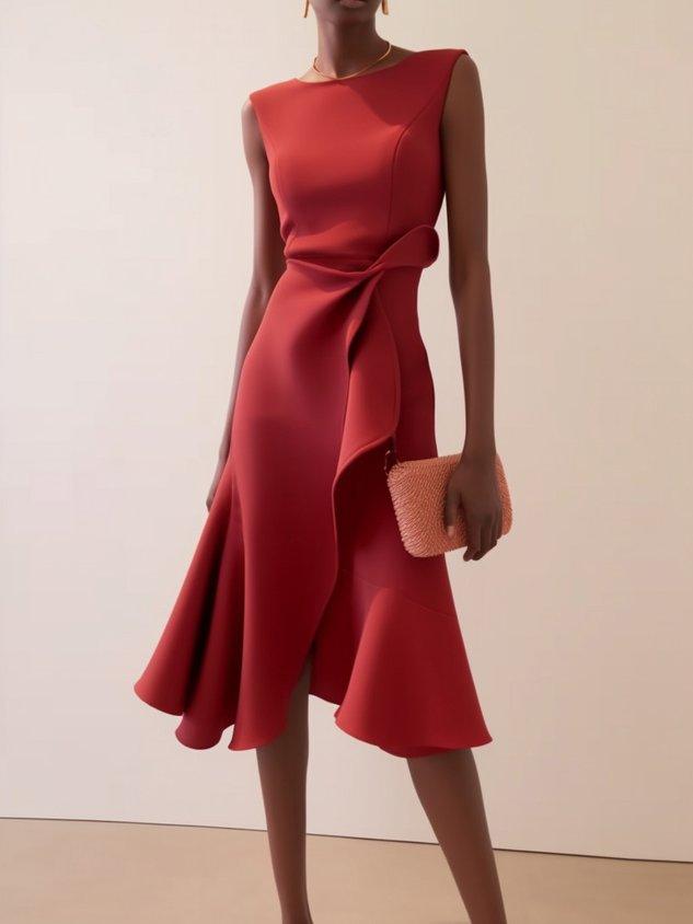 Elegant Draped Midi Dress for Women with Boat Neck Sleeveless Asymmetric Ruffle Hem Cocktail Style