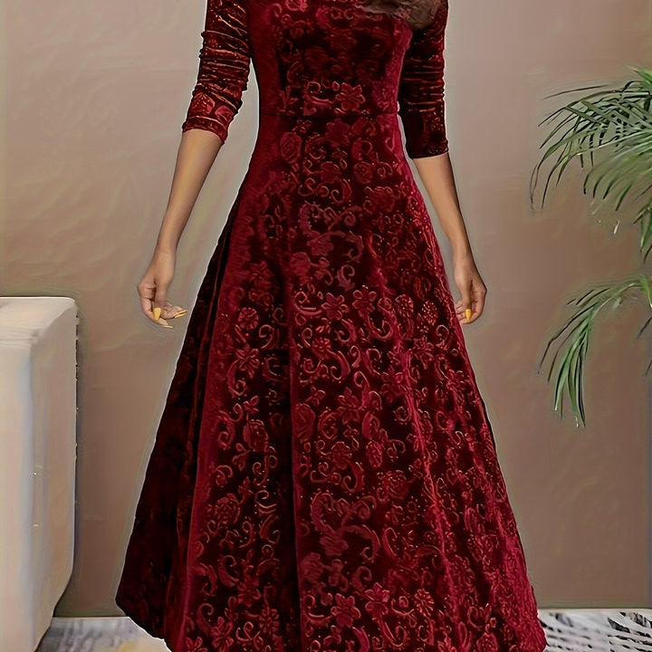 Elegant Velvet Floral Maxi Dress for Women with Square Neck Elbow Sleeve A Line Flowing Style