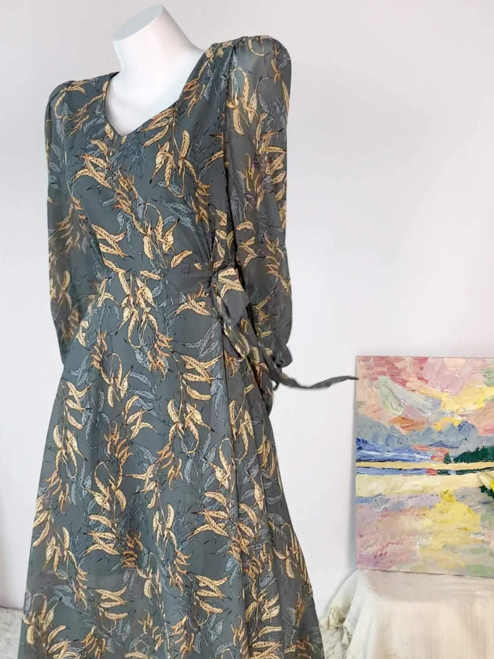 Elegant Sage Green Leaf Print Maxi Dress for Women with V Neck Long Sleeve Tie Waist Flowing Style