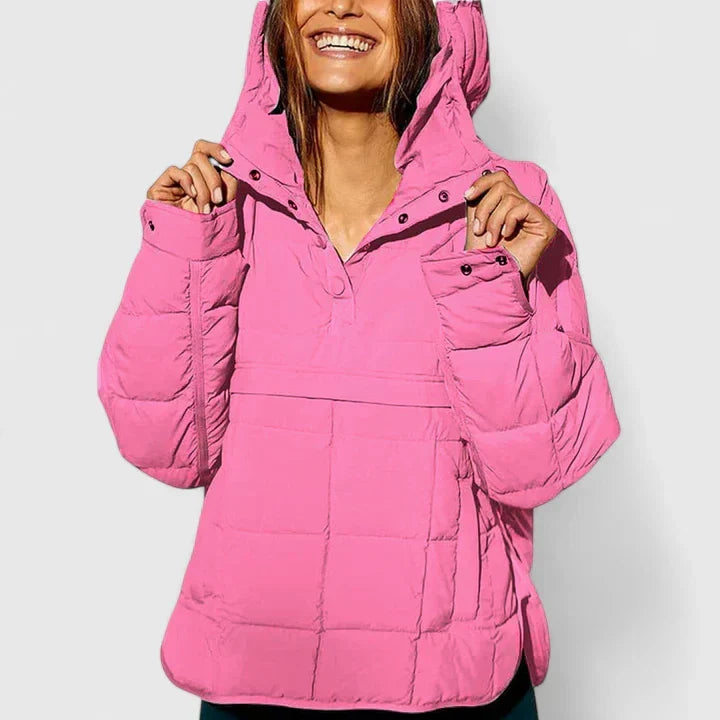 Comfortable Quilted Puffer Jacket for Women with Hooded Snap Front Long Sleeve High Low Hem Casual Style