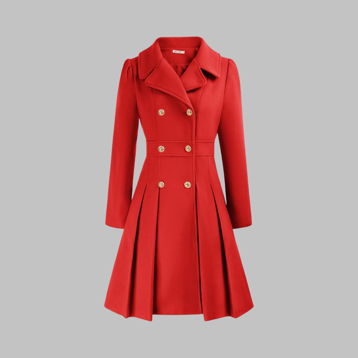 Elegant Wool Blend Pea Coat for Women with Notched Lapel Long Sleeve Double Breasted Pleated Fit and Flare Style