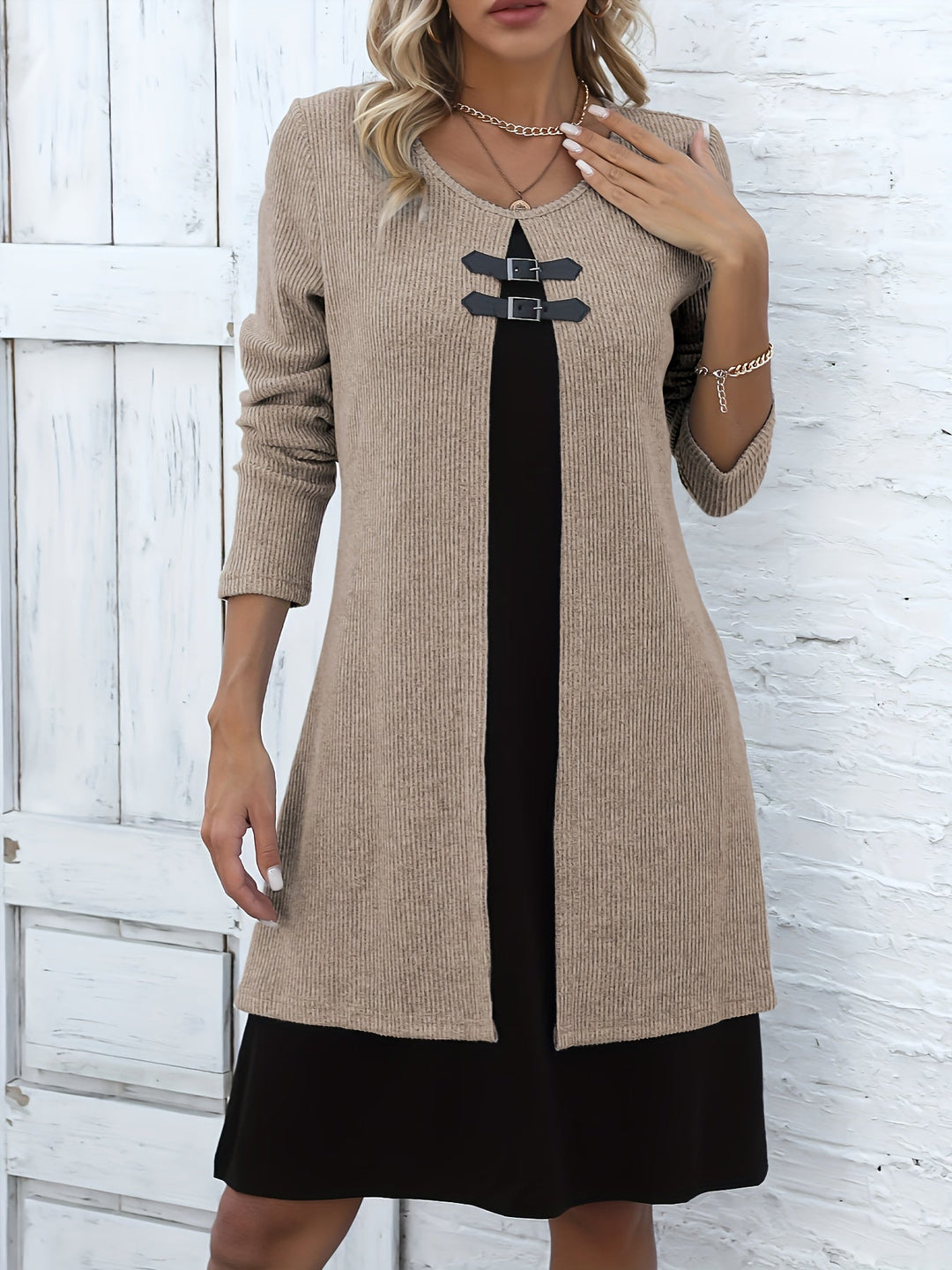 Comfortable Ribbed Knit Sweater Dress for Women with Round Neck Long Sleeve Buckle Detail Layered Style