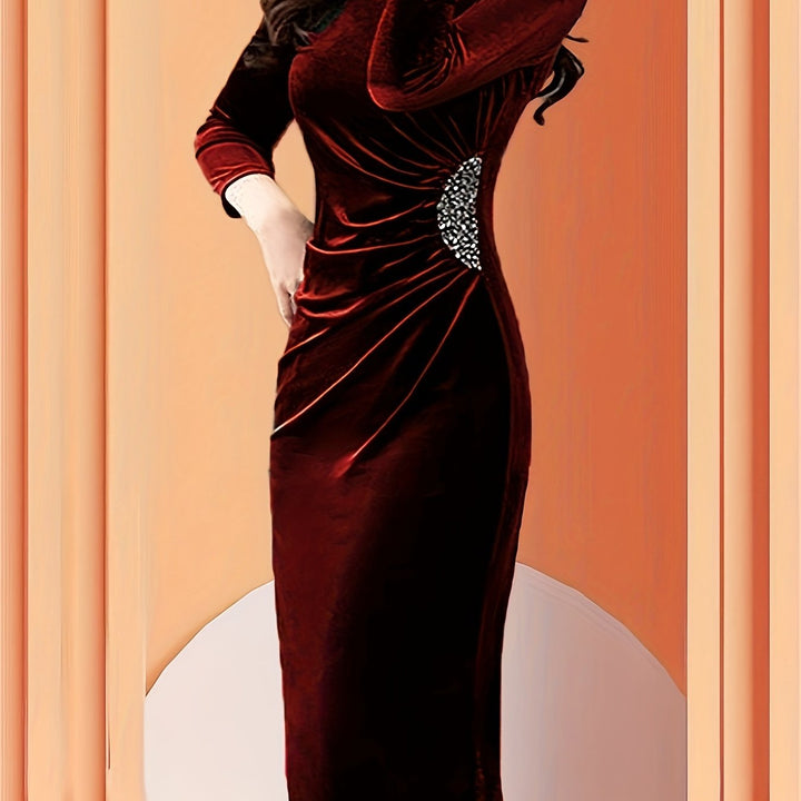 Elegant Velvet Midi Dress for Women with Round Neck Elbow Sleeve Ruched Beaded Bodycon Cocktail Style