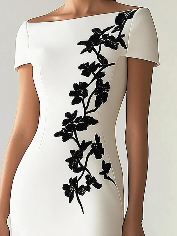 Elegant White Floral Midi Dress for Women with Boat Neck Short Sleeve Bodycon Slit Formal Style