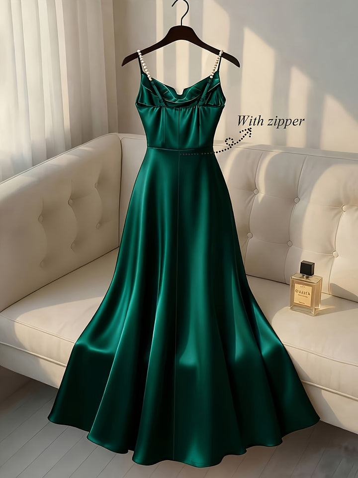 Elegant Satin Maxi Dress for Women with Cowl Neck Pearl Strap Flowing Formal Wedding Guest Style