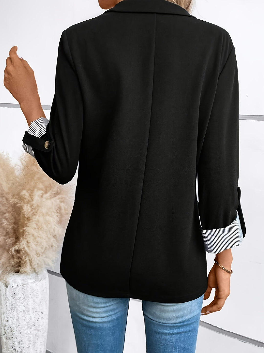 Effortless Blazer for Women with Lapel Collar Long Sleeve Striped Cuff Open Front Casual Style
