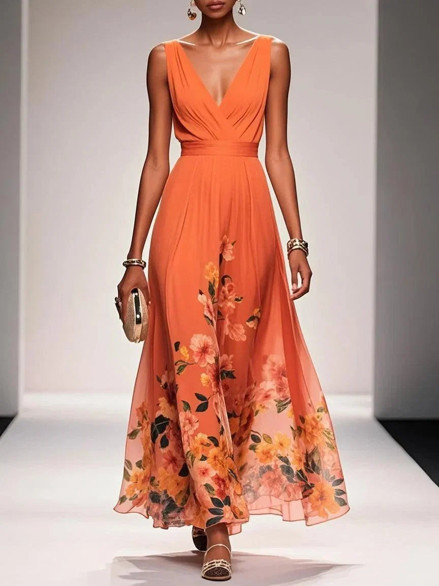 Elegant Floral Maxi Dress for Women with V Neck Sleeveless Wrap Waist Flowing Wedding Guest Style