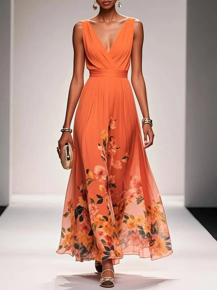 Elegant Floral Maxi Dress for Women with V Neck Sleeveless Wrap Waist Flowing Wedding Guest Style