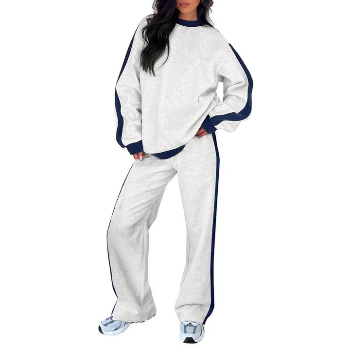 Effortless Wide Leg Set for Women with Round Neck Long Sleeve Contrast Stripe Relaxed Two Piece Style