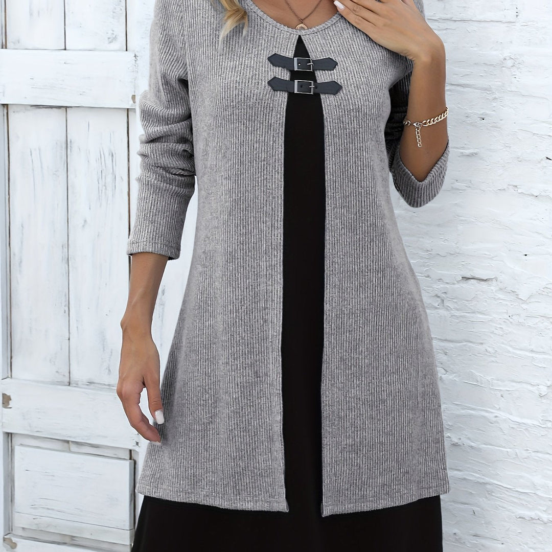 Comfortable Ribbed Knit Sweater Dress for Women with Round Neck Long Sleeve Buckle Detail Layered Style