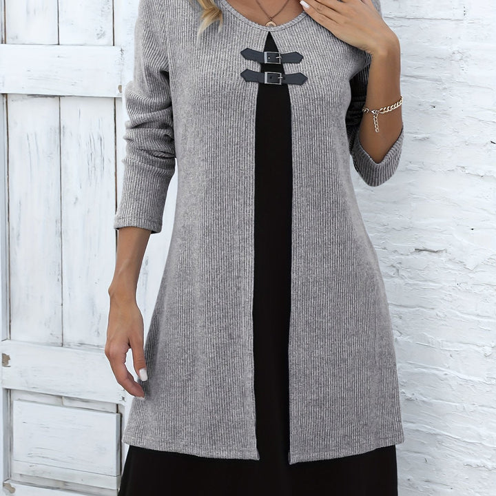 Comfortable Ribbed Knit Sweater Dress for Women with Round Neck Long Sleeve Buckle Detail Layered Style
