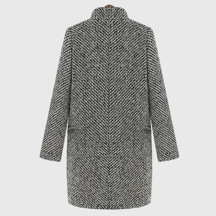 Elegant Gray Houndstooth Tweed Coat for Women with Notched Lapel Long Sleeve Longline Relaxed Style