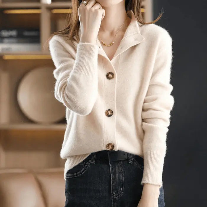 Comfortable Cardigan Sweater for Women with Lapel Collar Long Sleeve Button Front Relaxed Style