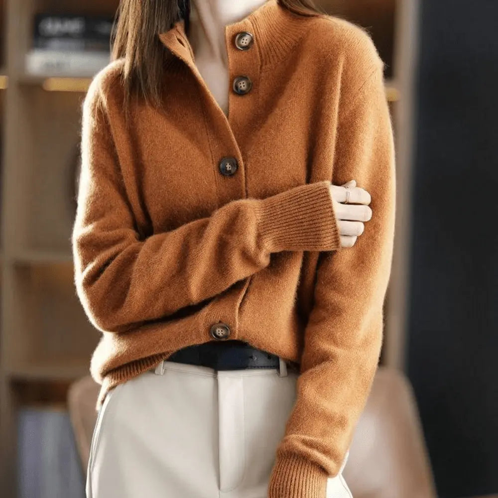 Comfortable Cardigan Sweater for Women with Lapel Collar Long Sleeve Button Front Relaxed Style