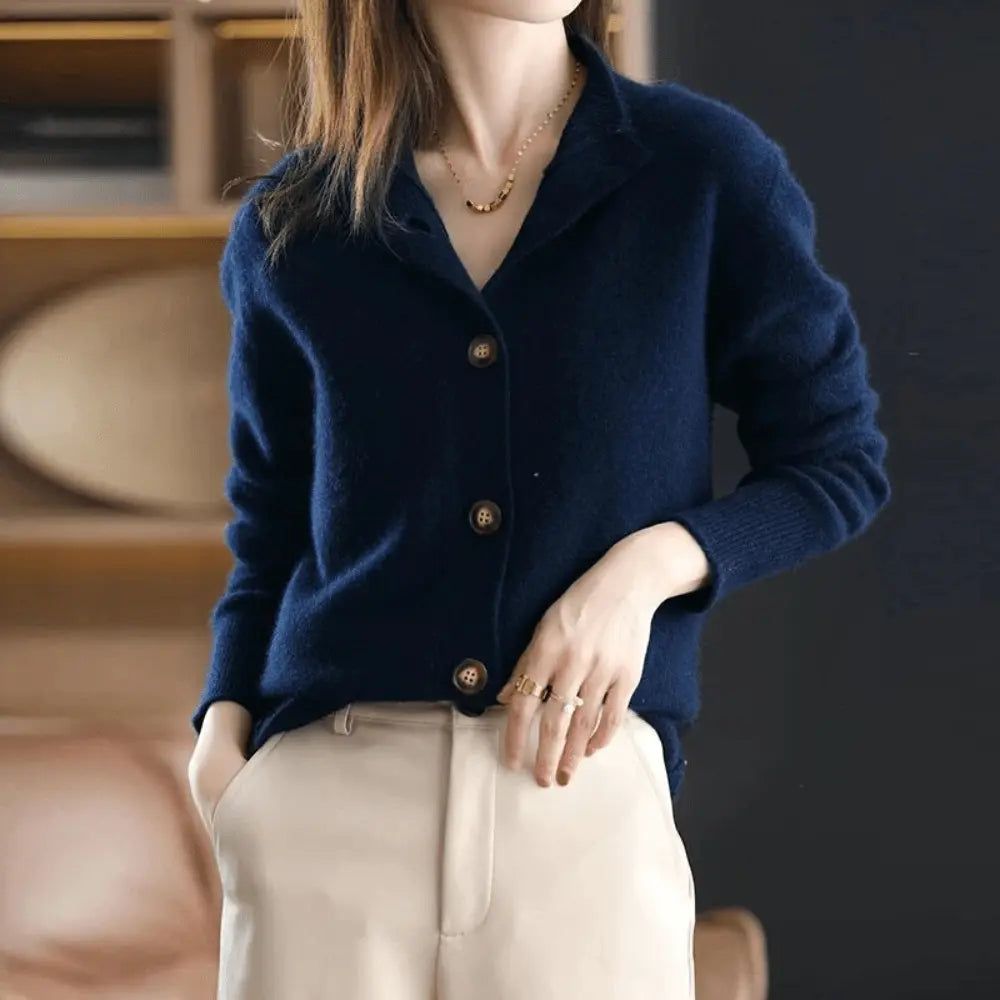 Comfortable Cardigan Sweater for Women with Lapel Collar Long Sleeve Button Front Relaxed Style
