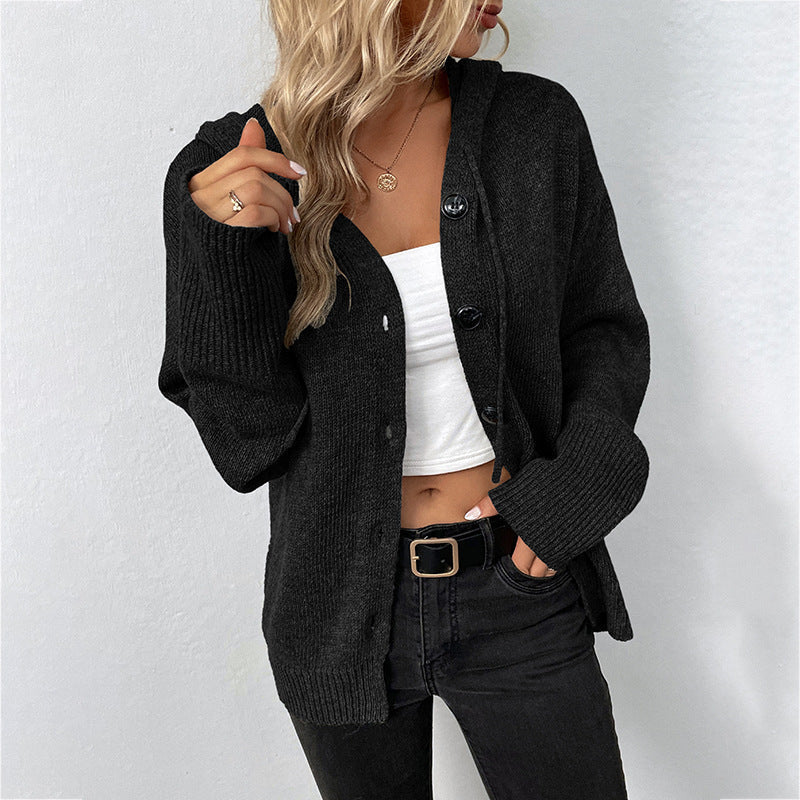 Comfortable Cardigan Sweater for Women with Hooded Neckline Long Sleeve Button Front Oversized Knit Style