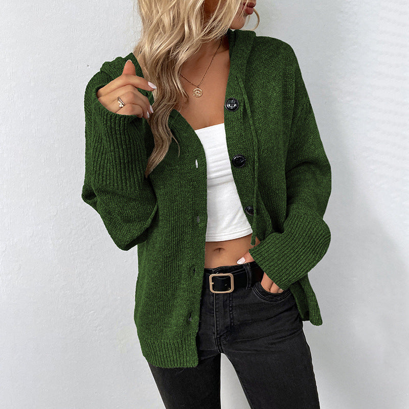 Comfortable Cardigan Sweater for Women with Hooded Neckline Long Sleeve Button Front Oversized Knit Style