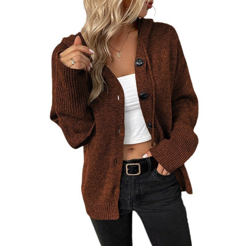 Comfortable Cardigan Sweater for Women with Hooded Neckline Long Sleeve Button Front Oversized Knit Style