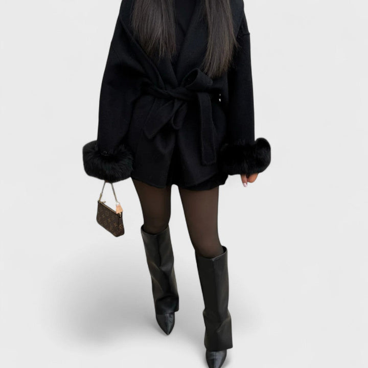 Elegant Wool Coat for Women with Shawl Collar Long Sleeve Belted Fur Cuff Style