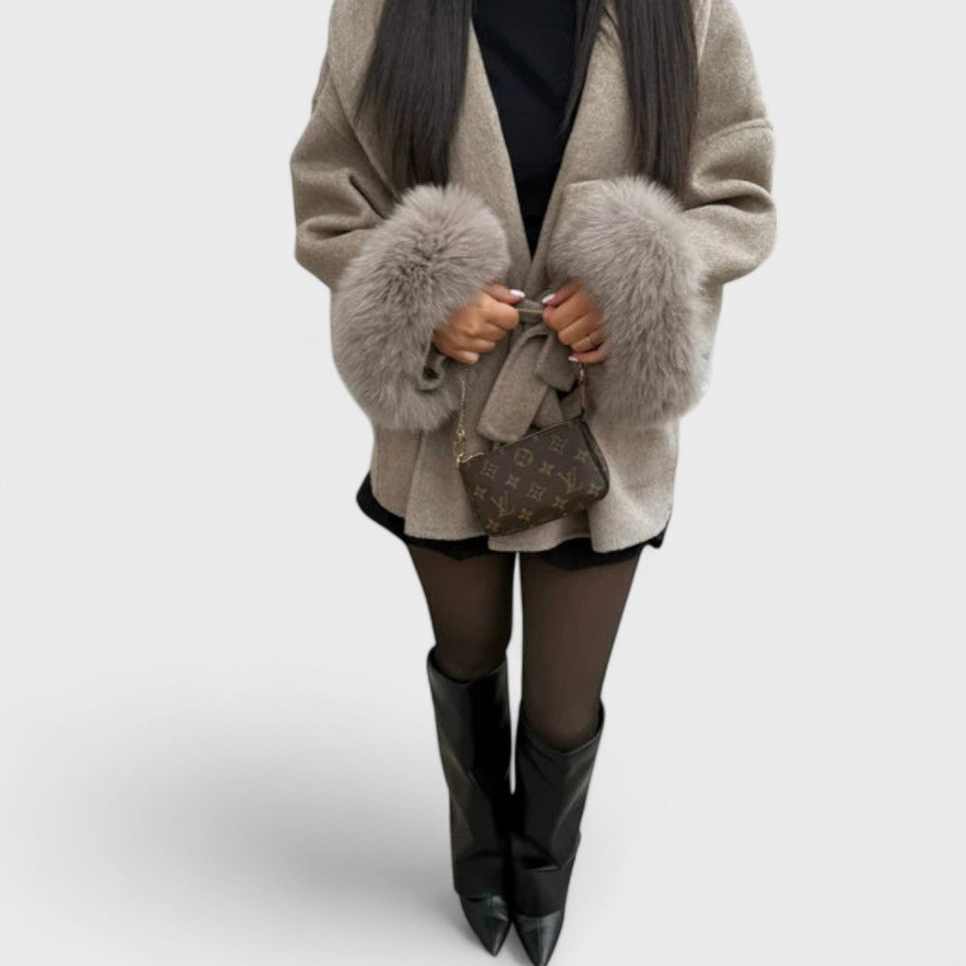Elegant Wool Coat for Women with Shawl Collar Long Sleeve Belted Fur Cuff Style