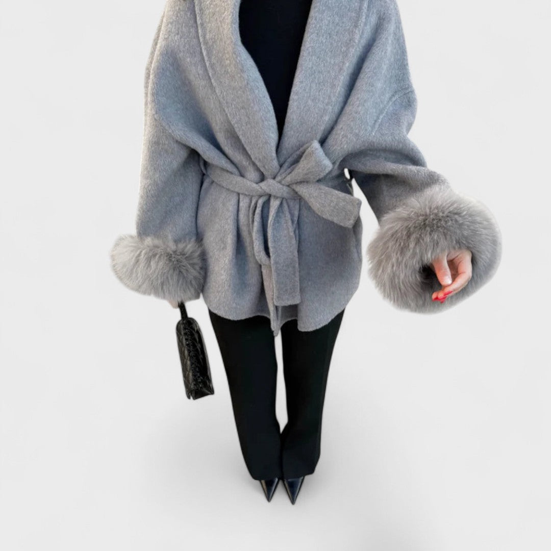 Elegant Wool Coat for Women with Shawl Collar Long Sleeve Belted Fur Cuff Style