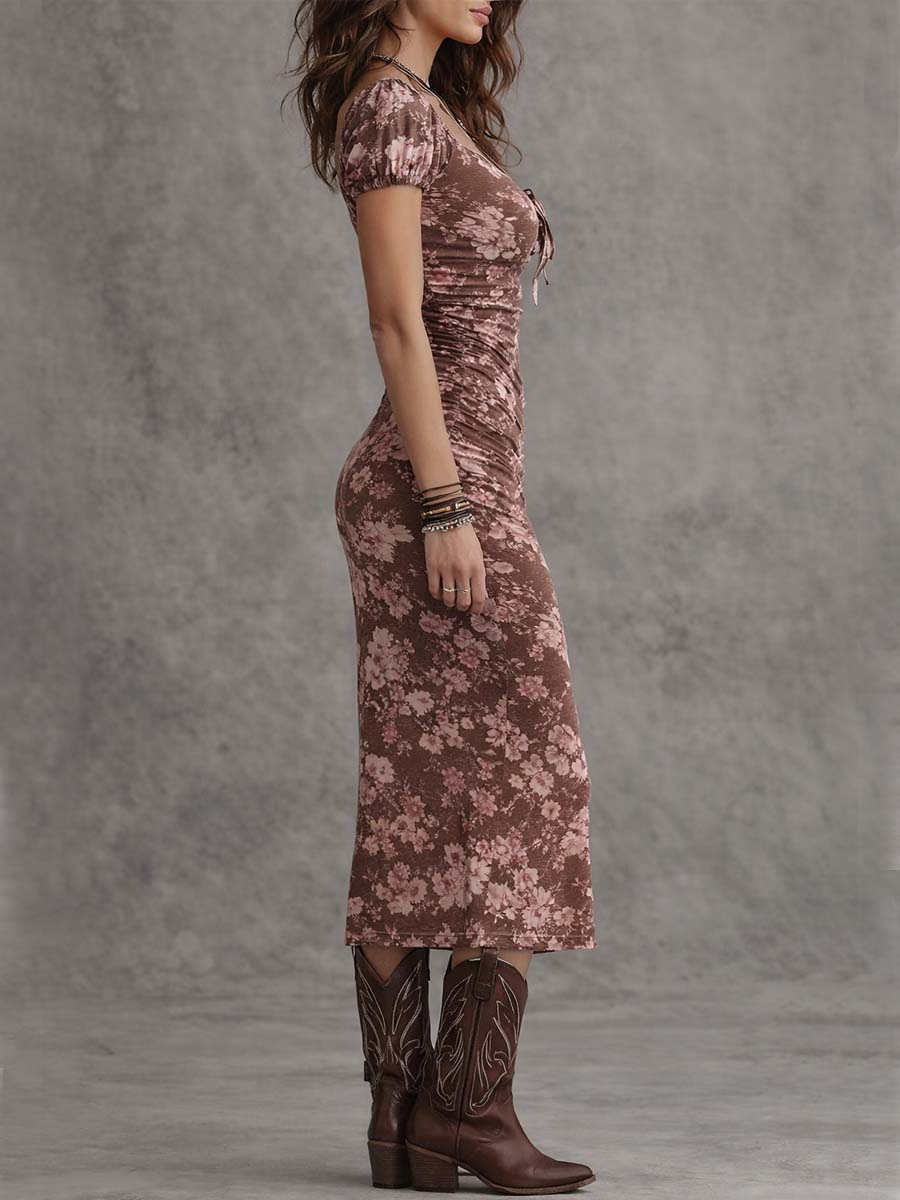 Effortless Pink Brown Floral Midi Dress for Women with Sweetheart Neck Short Sleeve Ruched Bodycon High Slit Style