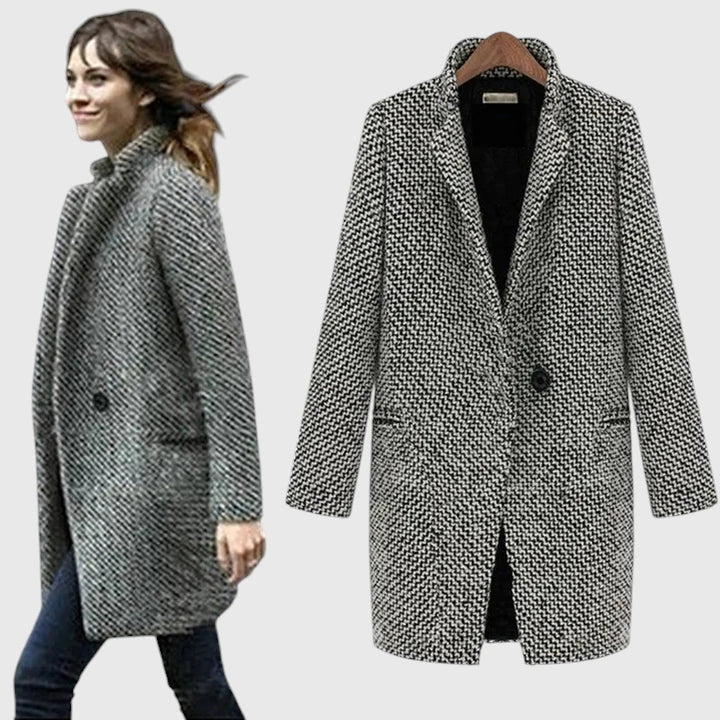 Elegant Gray Houndstooth Tweed Coat for Women with Notched Lapel Long Sleeve Longline Relaxed Style