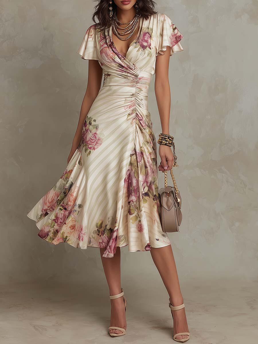 Elegant Ivory Floral Midi Dress for Women with V Neck Flutter Sleeve Ruched Wrap Flowing Style