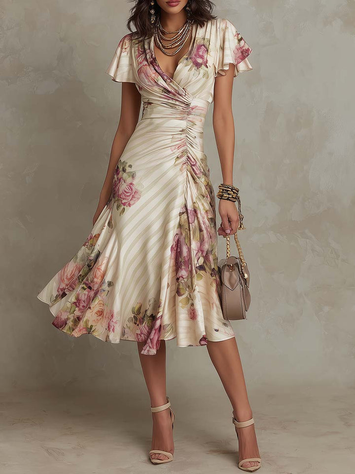 Elegant Ivory Floral Midi Dress for Women with V Neck Flutter Sleeve Ruched Wrap Flowing Style