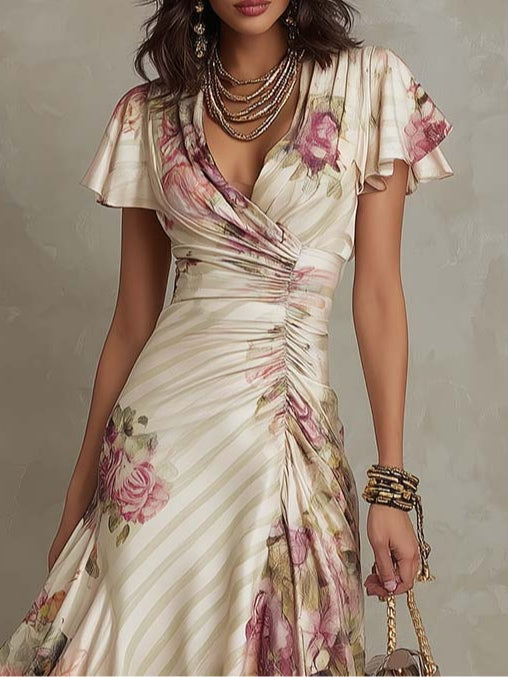Elegant Ivory Floral Midi Dress for Women with V Neck Flutter Sleeve Ruched Wrap Flowing Style