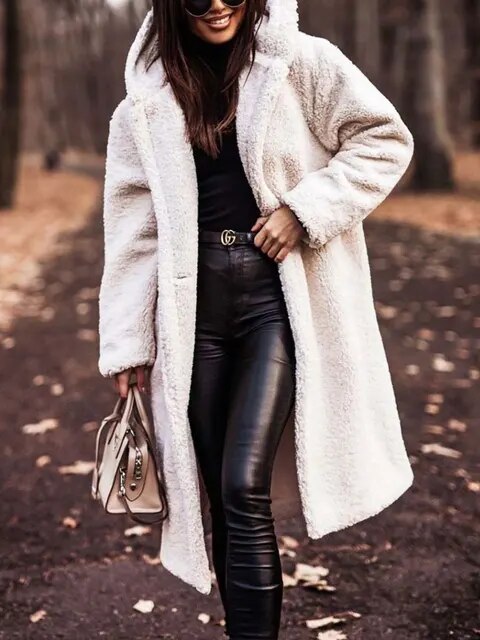 Effortless Shearling Coat for Women with Hooded Collar Long Sleeve Oversized Longline Style
