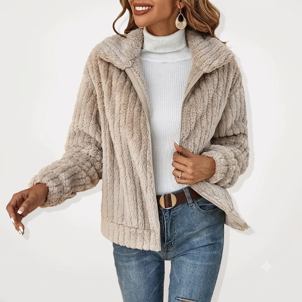 Effortless Textured Fleece Jacket for Women with Notched Collar Long Sleeve Oversized Casual Style