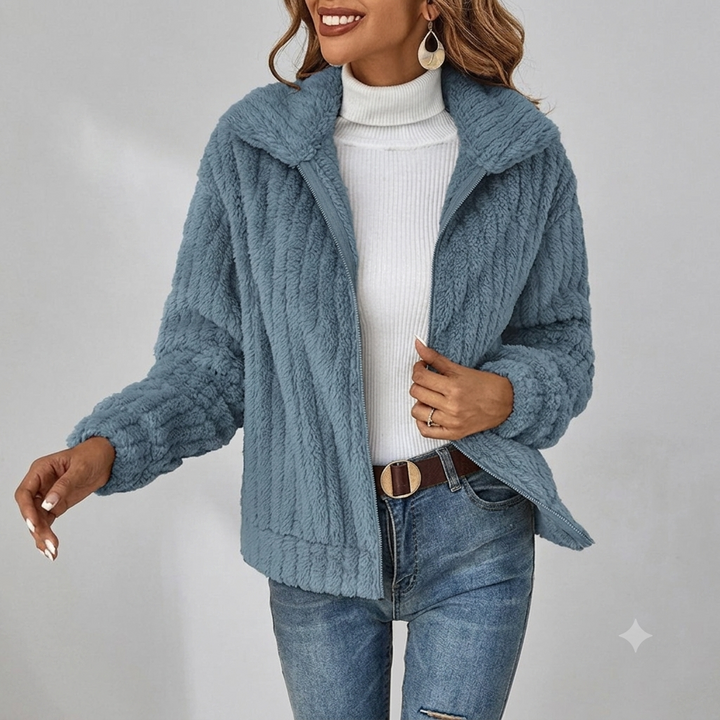 Effortless Textured Fleece Jacket for Women with Notched Collar Long Sleeve Oversized Casual Style