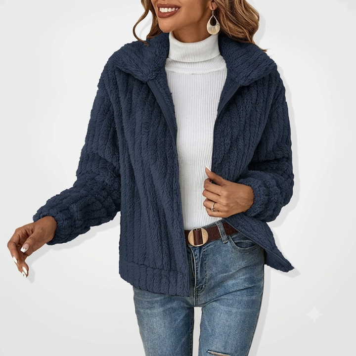 Effortless Textured Fleece Jacket for Women with Notched Collar Long Sleeve Oversized Casual Style