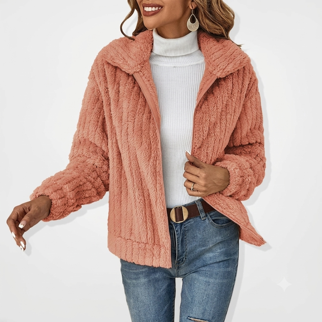 Effortless Textured Fleece Jacket for Women with Notched Collar Long Sleeve Oversized Casual Style
