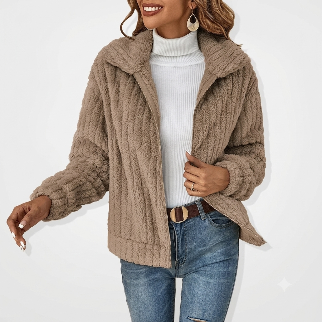 Effortless Textured Fleece Jacket for Women with Notched Collar Long Sleeve Oversized Casual Style
