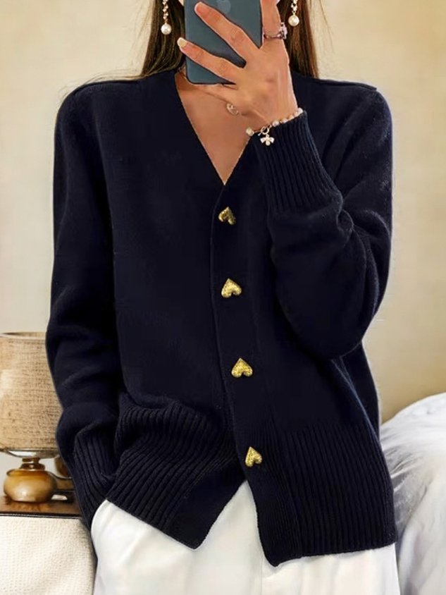 Comfortable Cardigan Sweater for Women with V Neck Long Sleeve Heart Button Relaxed Knit Style