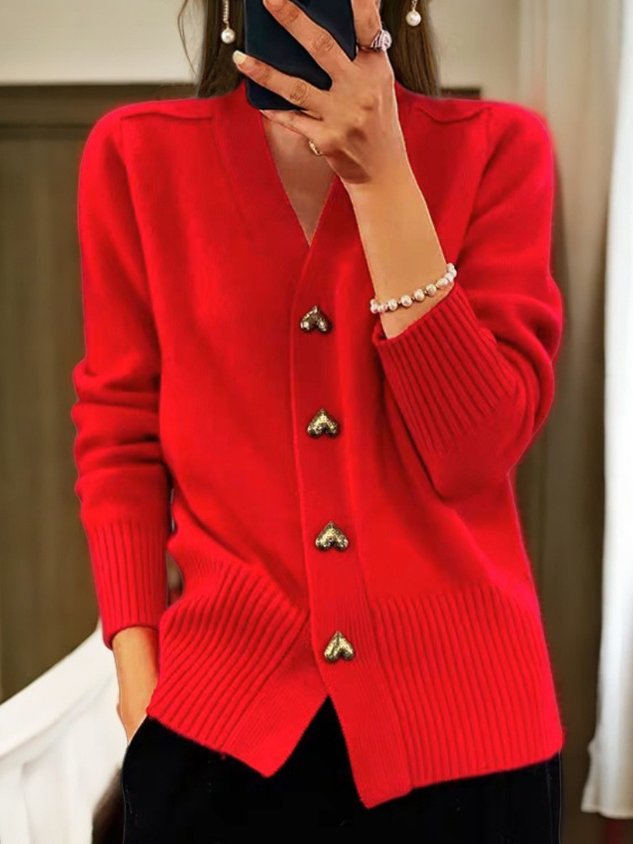 Comfortable Cardigan Sweater for Women with V Neck Long Sleeve Heart Button Relaxed Knit Style