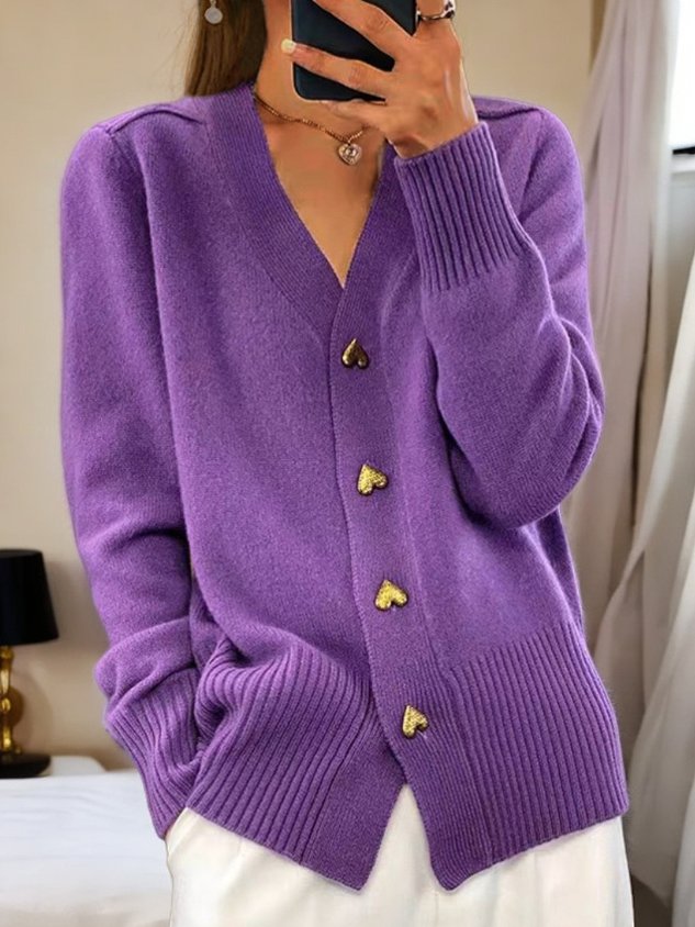 Comfortable Cardigan Sweater for Women with V Neck Long Sleeve Heart Button Relaxed Knit Style