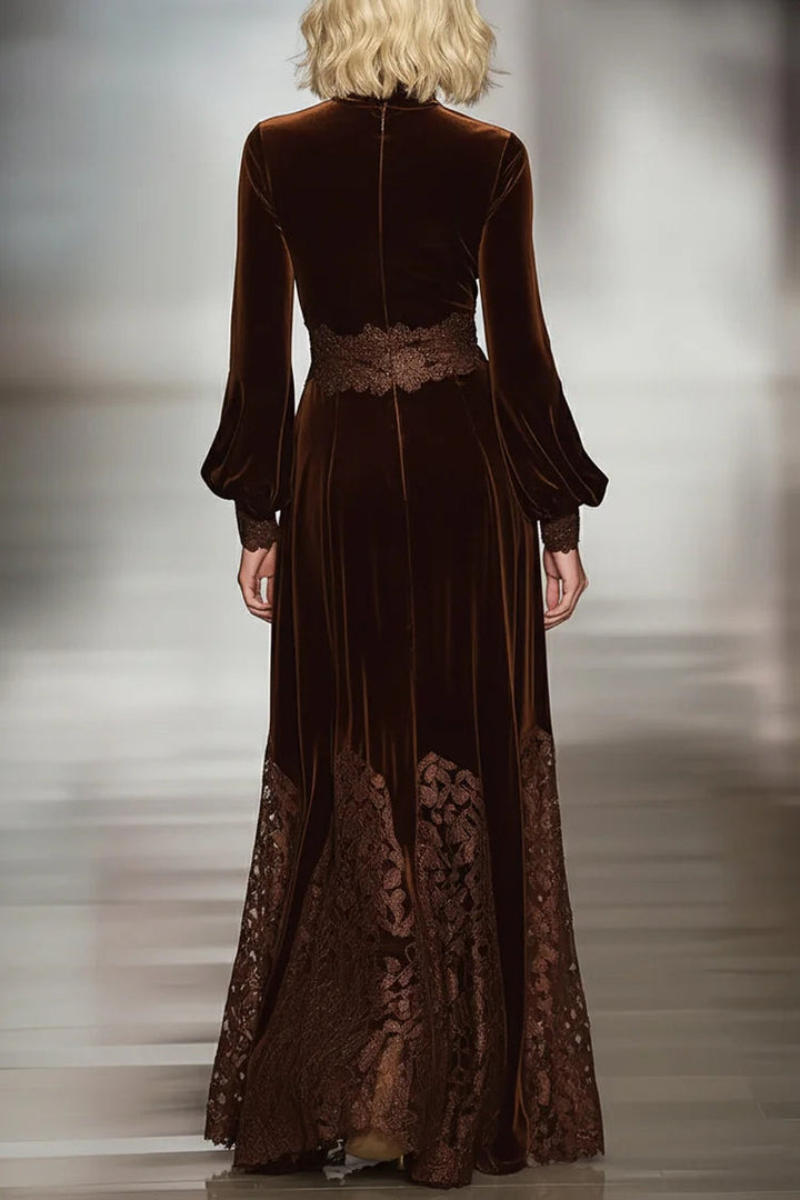 Elegant Brown Velvet Maxi Dress for Women with High Neck Long Sleeve Lace Hem Flowing Style