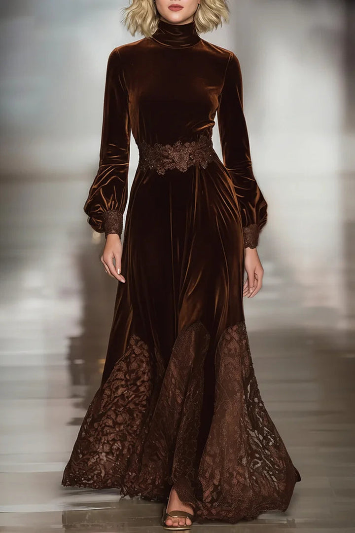 Elegant Brown Velvet Maxi Dress for Women with High Neck Long Sleeve Lace Hem Flowing Style
