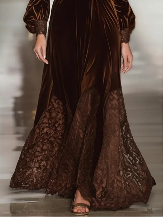 Elegant Brown Velvet Maxi Dress for Women with High Neck Long Sleeve Lace Hem Flowing Style