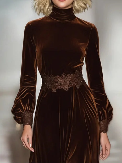 Elegant Brown Velvet Maxi Dress for Women with High Neck Long Sleeve Lace Hem Flowing Style
