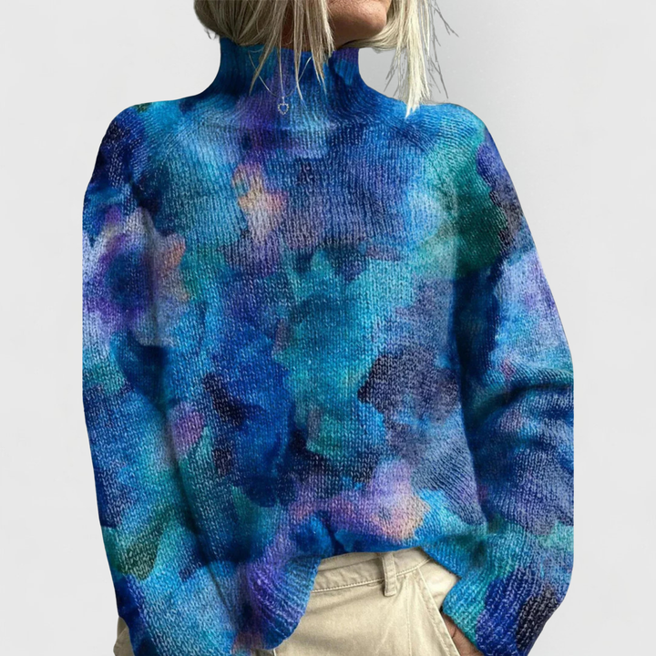 Comfortable Floral Print Sweater for Women with High Neck Long Sleeve Relaxed Oversized Knit Style
